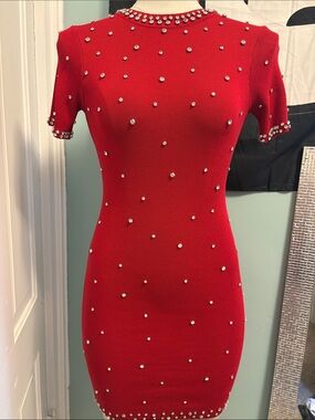 Red Short-Sleeve Embellished Mini Dress
